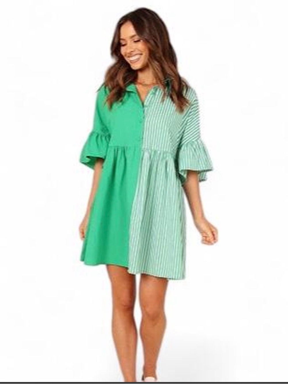 Petal & Pup Green Two-Tone Ruffle Sleeve Mini Dress